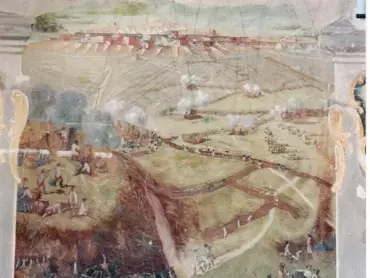 Obléhání Olomouce započaté 6. května (spr. 4. května) 1758 a ukončené 6. července (spr. 2. července). Nástěnná freska v zámku Brezovica u Záhřebu v Chorvatsku. Zámek náležel v 18. století hraběcímu rodu Draškovićů z Trakoścanu, nyní je v majetku římskokatolické církve. Zdroj: Iz povijesti Brezovice, dostupné z www: https://www.mojapovijest.com/dvorac-brezovica/.